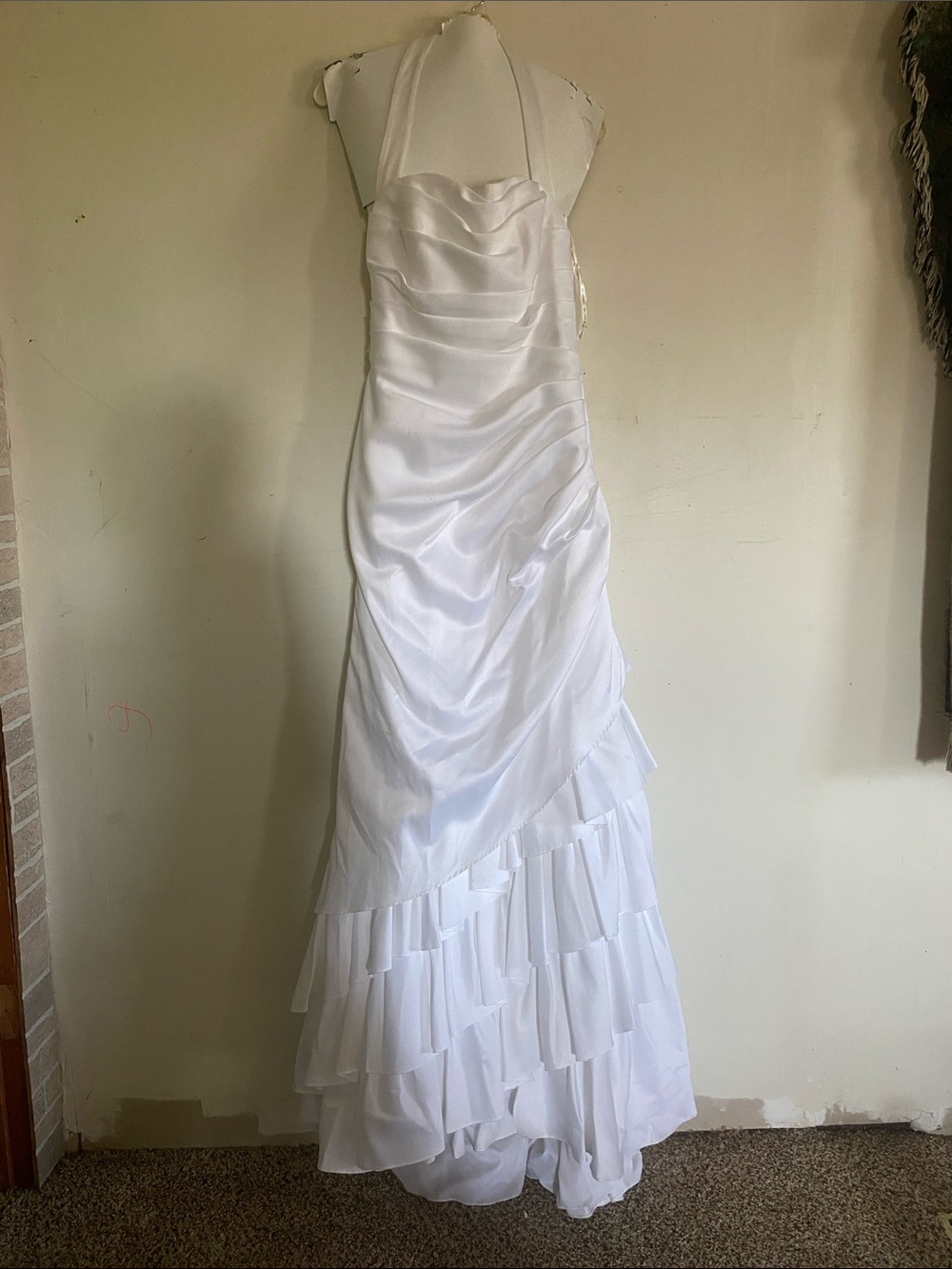 White Halter Satin Bridal Gown with Tiered Ruffle Skirt